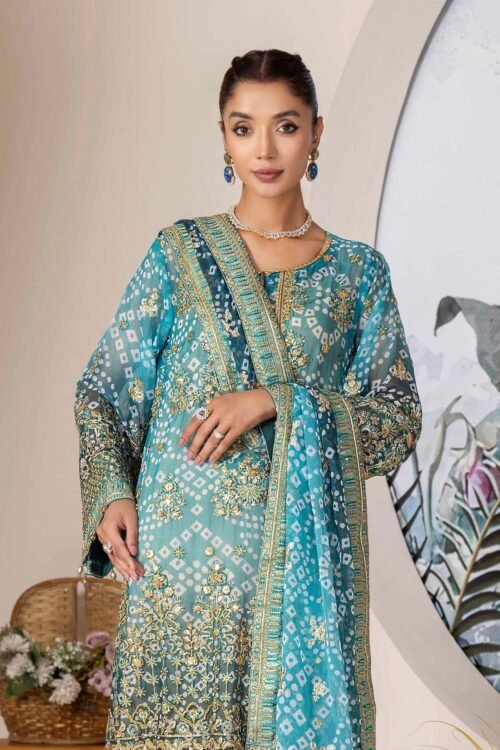 Adan's Libas | Inlays Nova Stitched Embroidered Chiffon "Blue" Festive Wear | 3 Pcs.