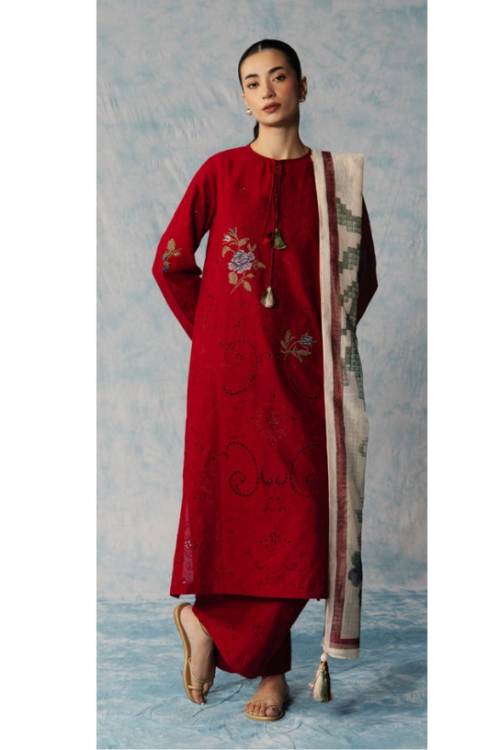Zara Shahjahan | Coco Lawn Unstitched Formal Festive Wear "Red" | 3 Pcs.