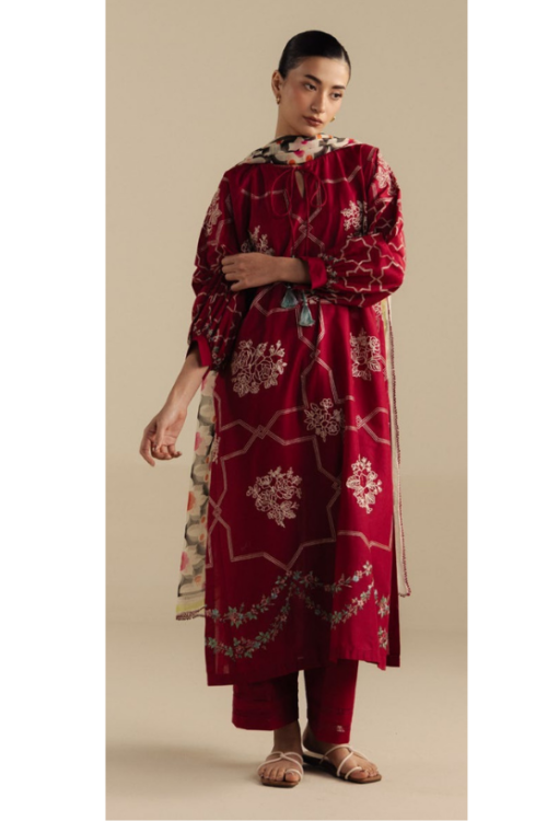 Zara Shahjahan | Coco Lawn Unstitched Formal Festive Wear "Red" | 3 Pcs.