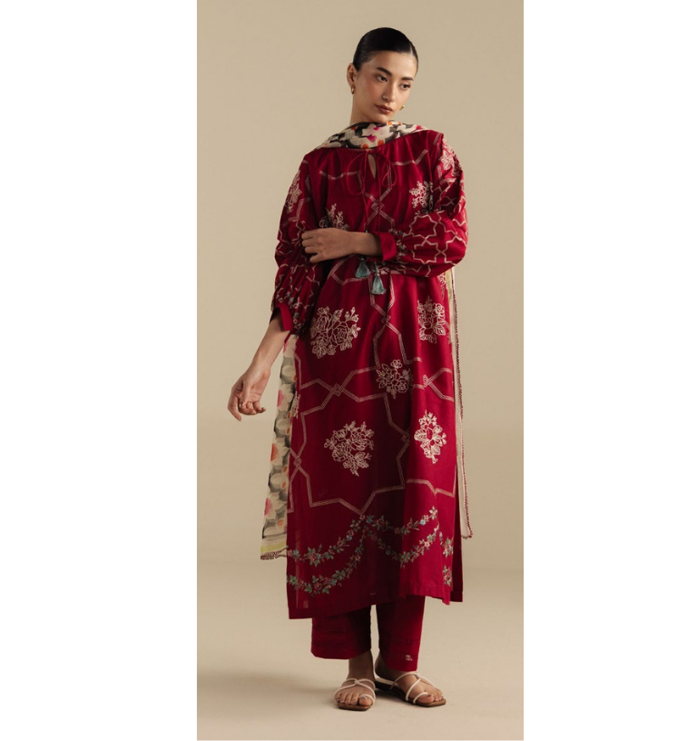 Zara Shahjahan | Coco Lawn Unstitched Formal Festive Wear "Red" | 3 Pcs.