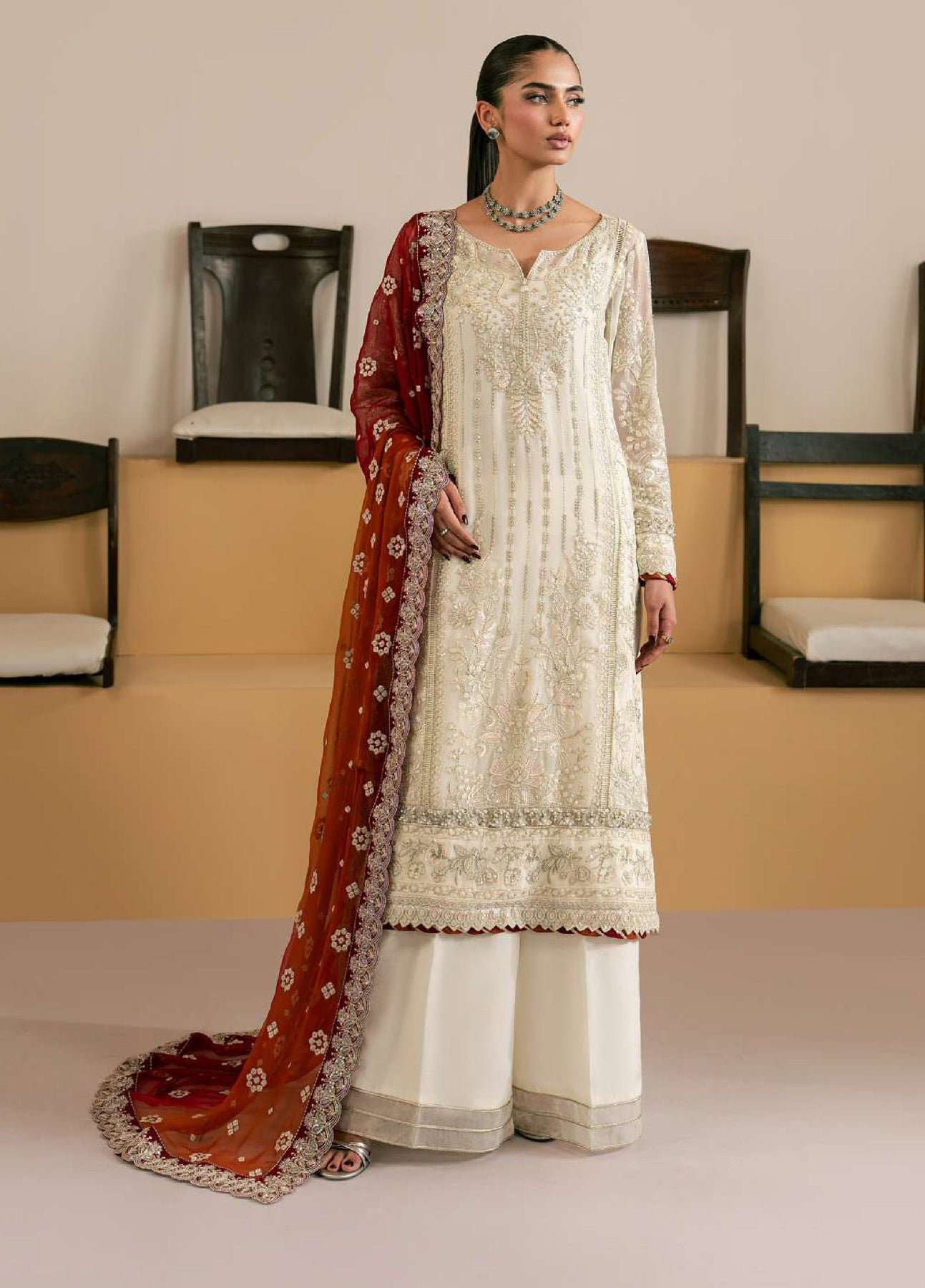 Gulaal | Embroidered Chiffon Unstitched 26 Wedding Dresses "White" D-36 | 3pcs.