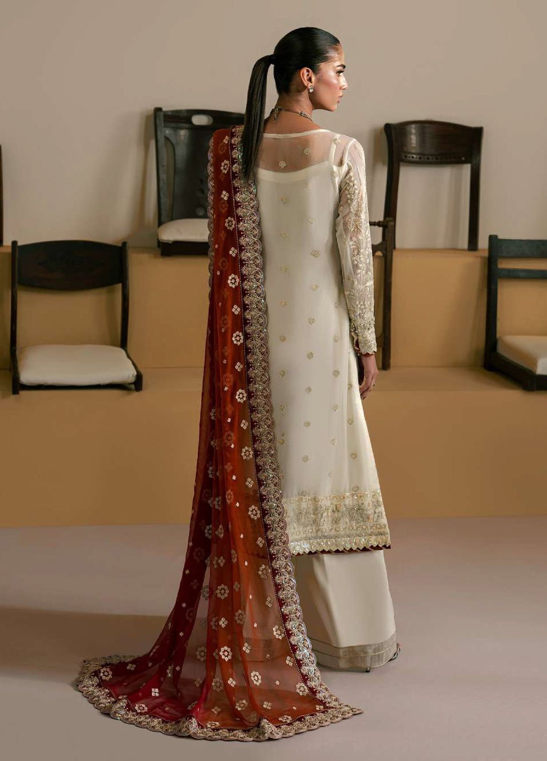 Gulaal | Embroidered Chiffon Unstitched 26 Wedding Dresses "White" D-36 | 3pcs. - Image 2