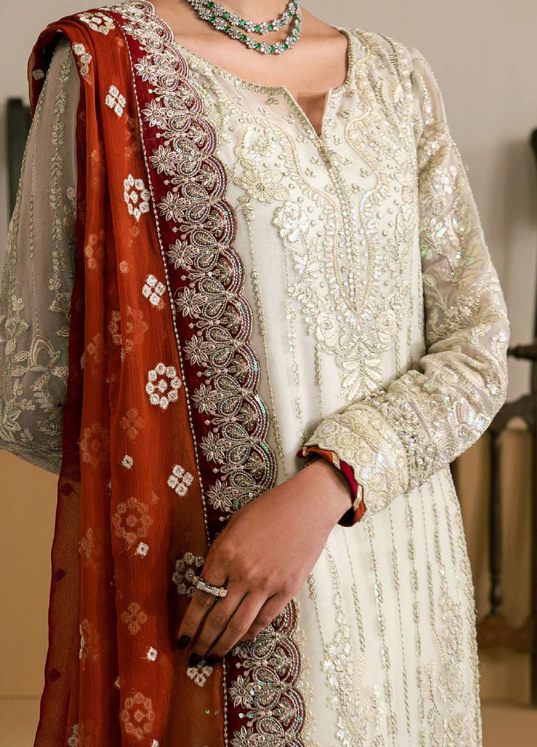 Gulaal | Embroidered Chiffon Unstitched 26 Wedding Dresses "White" D-36 | 3pcs. - Image 4