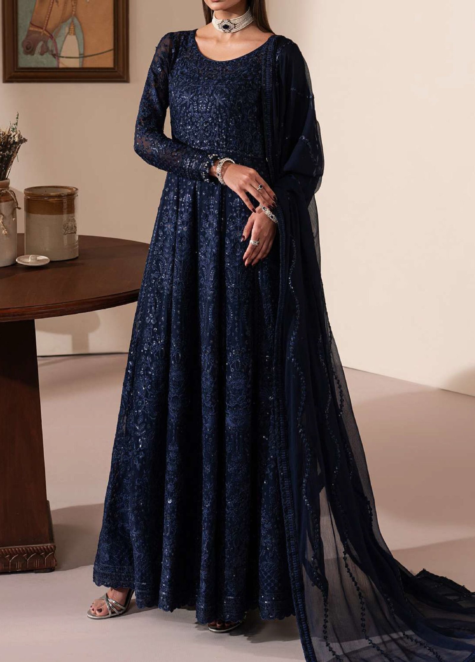 Gulaal | Embroidered Chiffon Unstitched 26 Wedding Dresses "Blue" D-37 | 3pcs. - Image 4