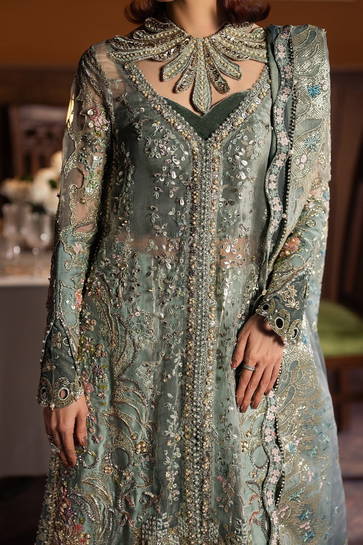 Afrozeh | Hayat Unstitched Organza "Green" Wedding Formals | 3pc - Image 2