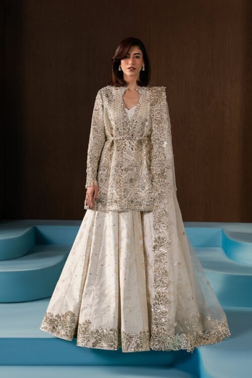 Afrozeh | Hayat Unstitched Raw Silk "White" Wedding Formals | 3pc