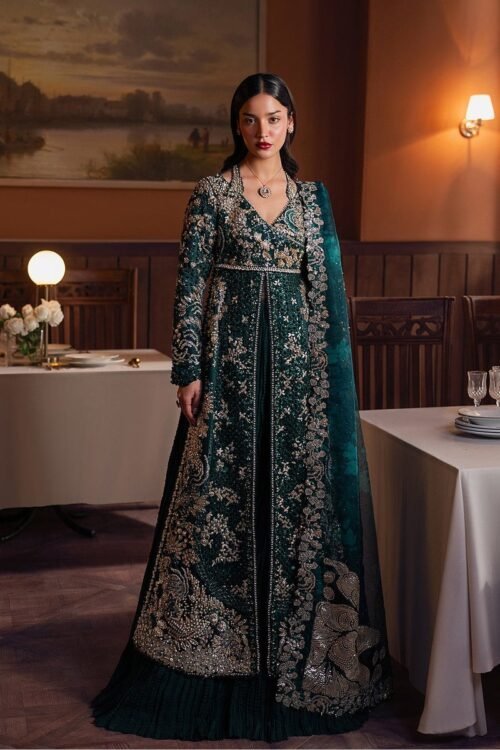 Afrozeh | Hayat Unstitched Raw Silk "Green" Wedding Formals | 3pc