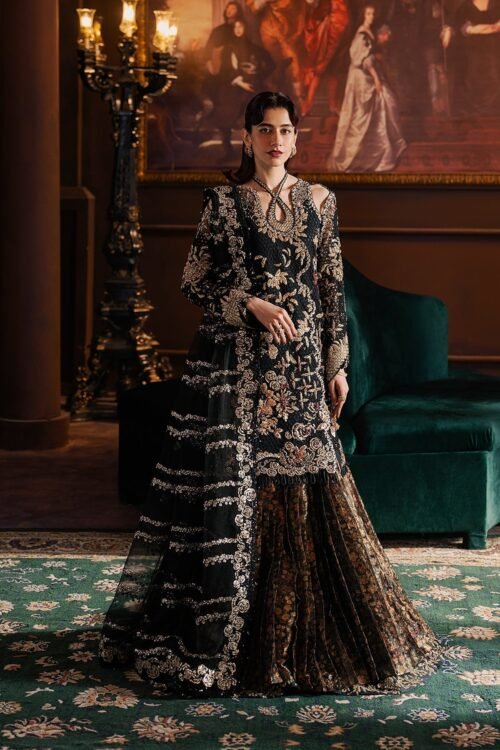 Afrozeh | Hayat Unstitched Raw Silk "Black" Wedding Formals | 3pc