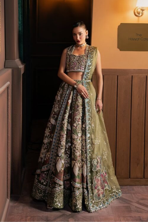 Afrozeh | Hayat Unstitched Raw Silk "Green" Wedding Formals | 3pc