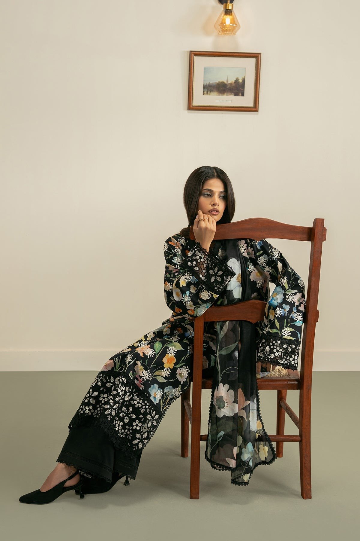 Ayzel | Zephyr Lawn Elah Unstitched "Black" Embroidered Digital Printed | 3pc - Image 2