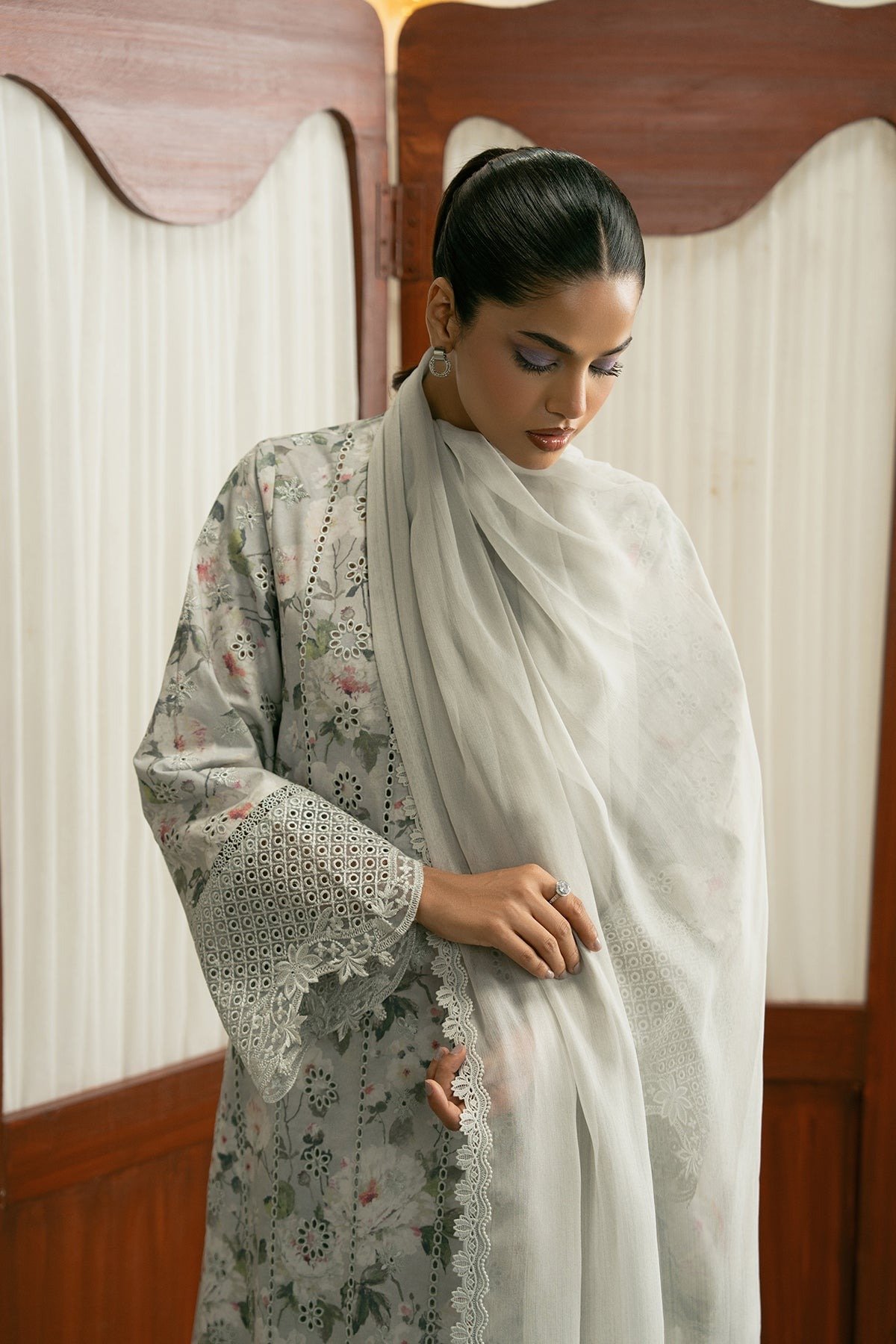 Ayzel | Zephyr Lawn Duha Unstitched "Grey" Embroidered Digital Printed | 3pc - Image 4