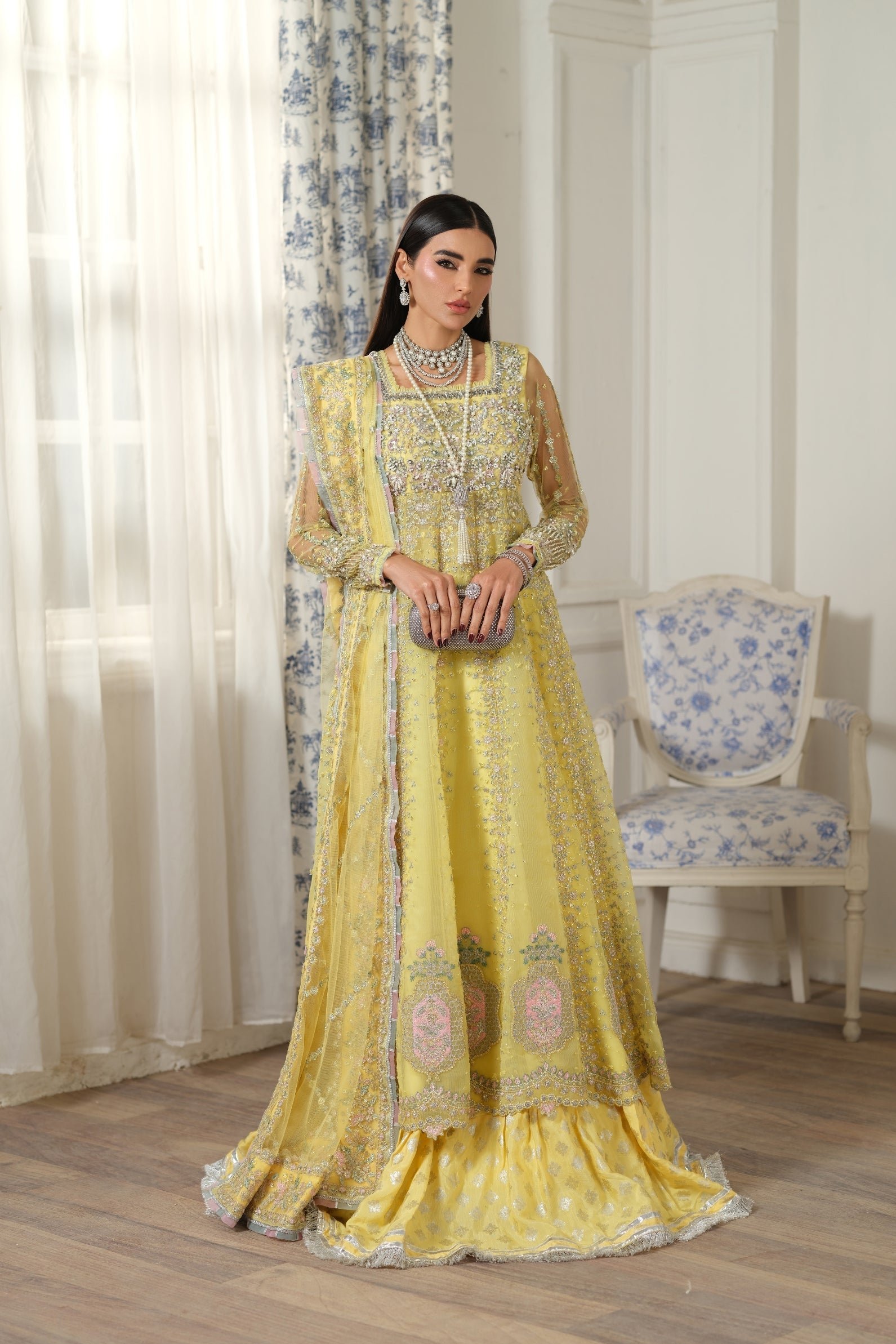 Maryam Hussain | Luxury Chiffon Unstitched 26 Wedding Dress "Yellow" D01 | 3Pcs.