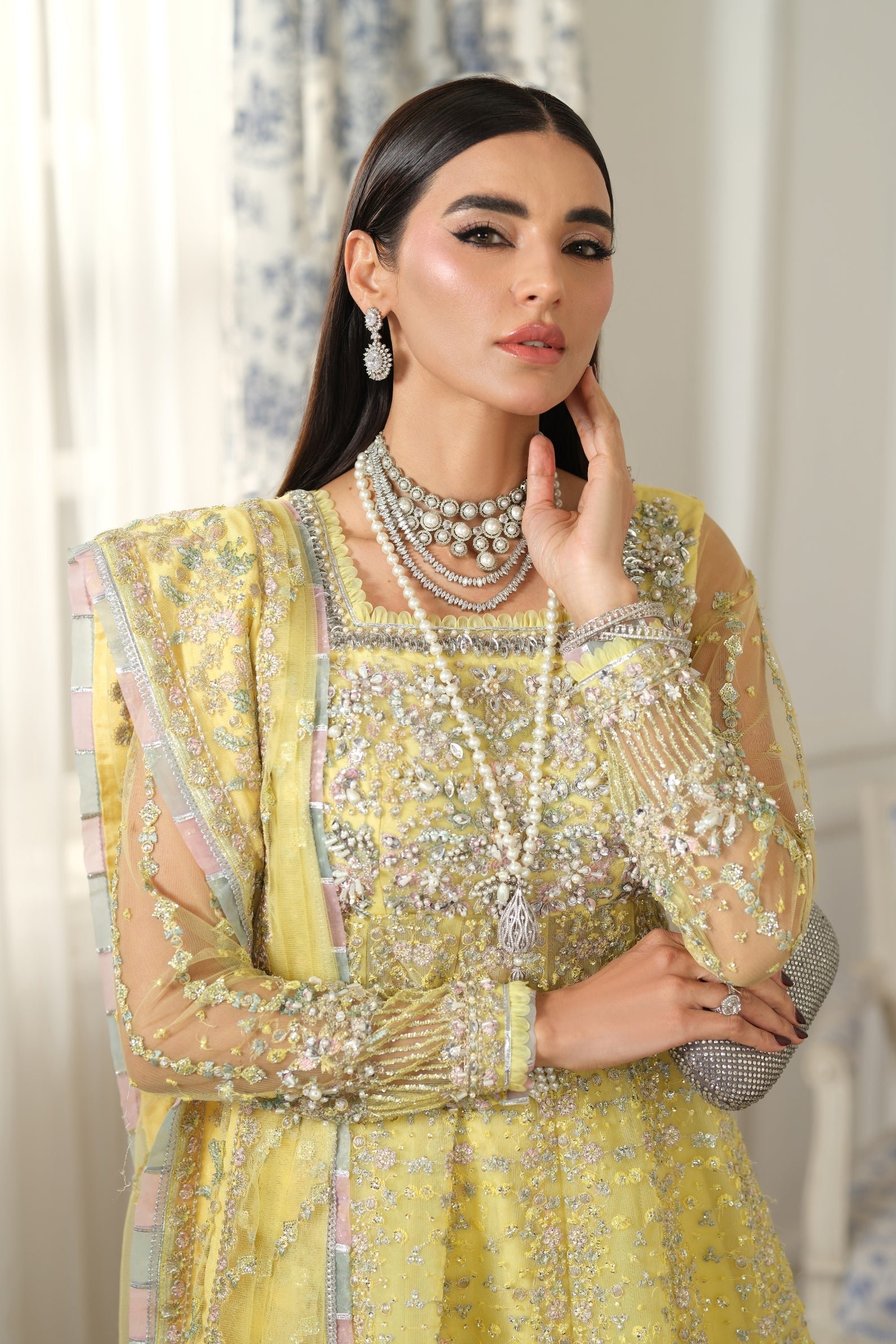 Maryam Hussain | Luxury Chiffon Unstitched 26 Wedding Dress "Yellow" D01 | 3Pcs. - Image 3