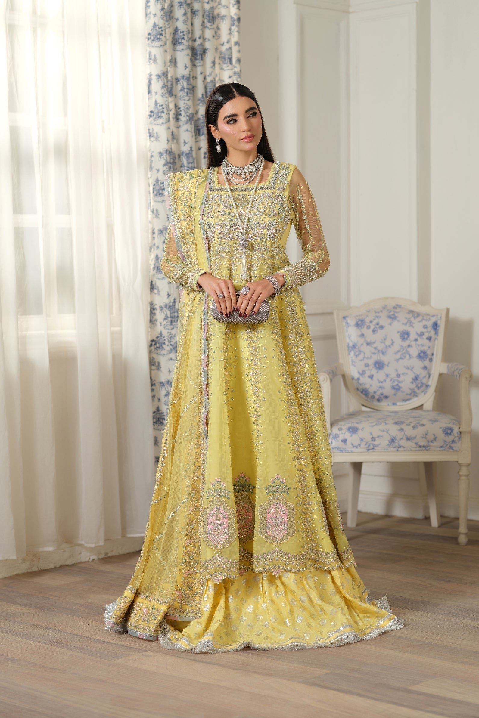 Maryam Hussain | Luxury Chiffon Unstitched 26 Wedding Dress "Yellow" D01 | 3Pcs. - Image 4