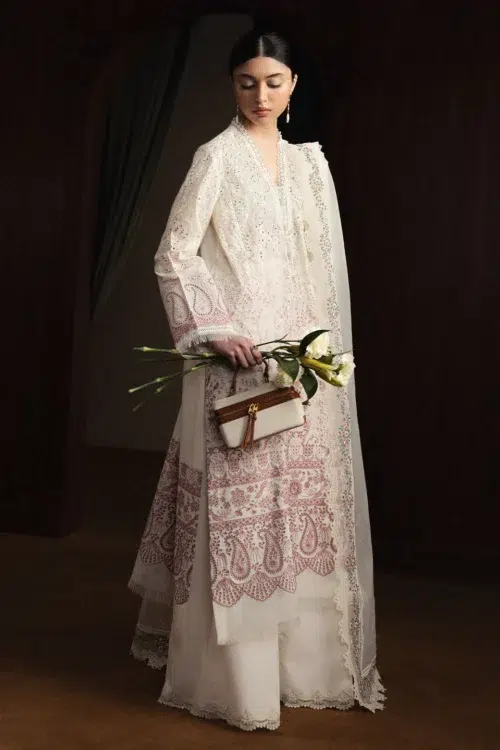 Zara Shahjahan | Stillness Luxury Lawn Unstitched 26 Formal Festive Wear "White" D12 | 3Pcs.