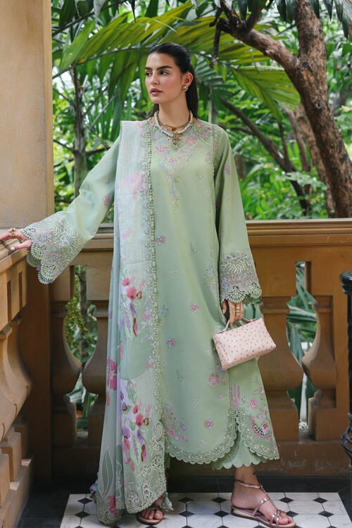 Qalamkar | Qline Lawn 26 Unstitched Lawn Formal Festive Wear "Green" D15 | 3Pcs.