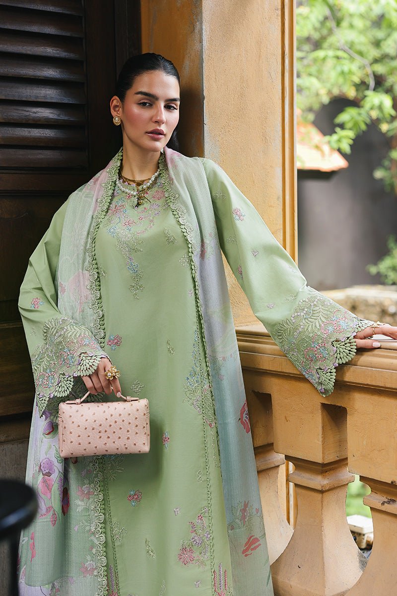 Qalamkar | Qline Lawn 26 Unstitched Lawn Formal Festive Wear "Green" D15 | 3Pcs. - Image 2