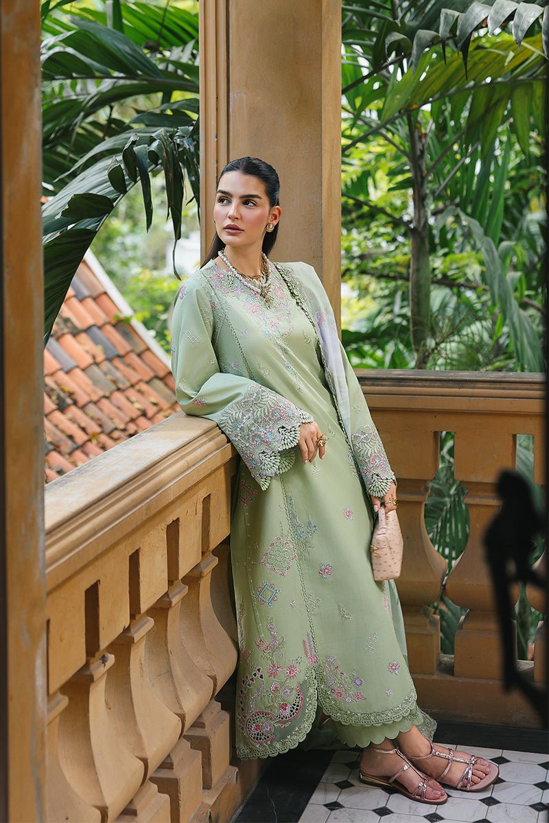 Qalamkar | Qline Lawn 26 Unstitched Lawn Formal Festive Wear "Green" D15 | 3Pcs. - Image 4