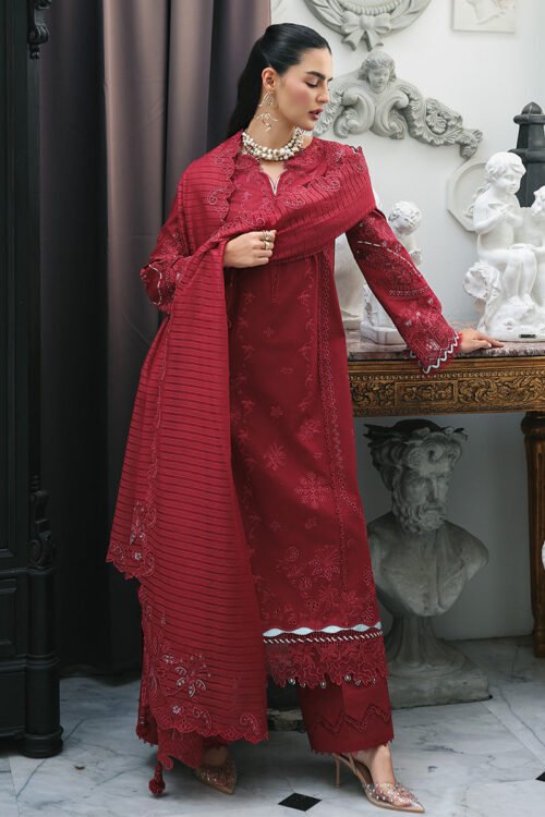 Qalamkar | Qline Lawn 26 Unstitched Lawn Formal Festive Wear "Red" D16 | 3Pcs.