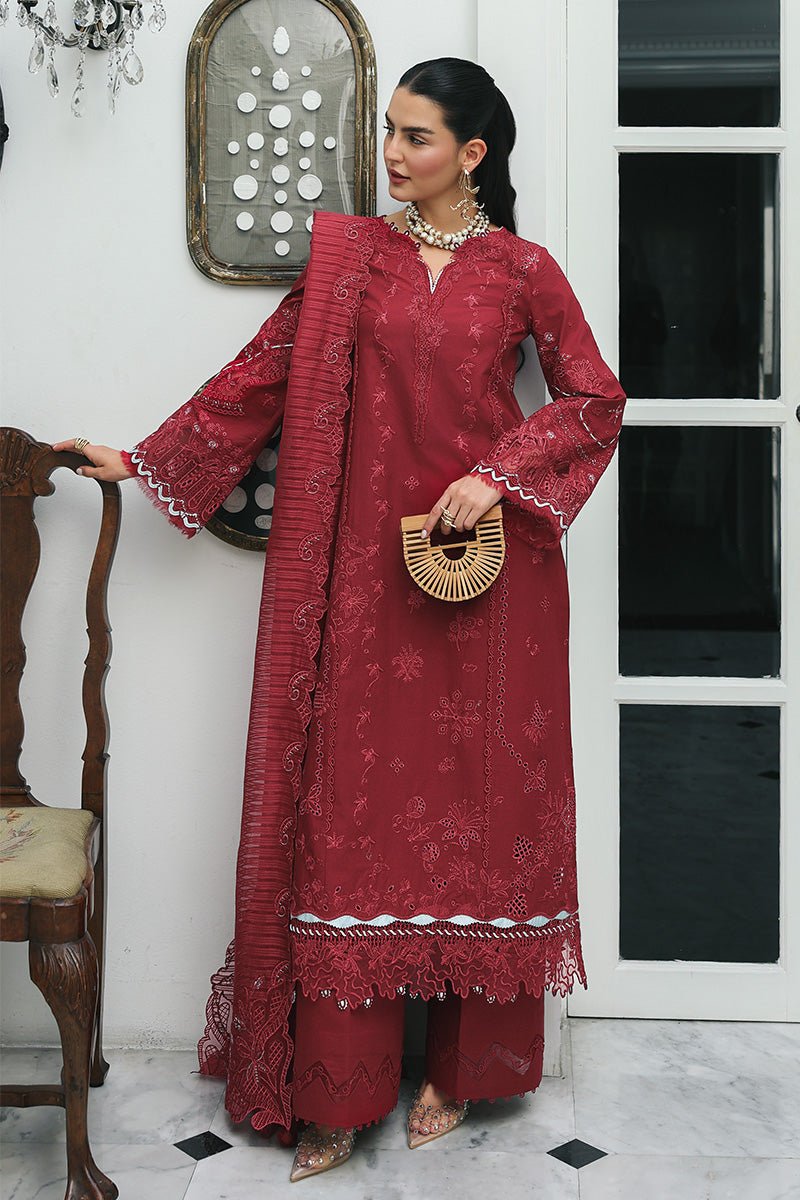 Qalamkar | Qline Lawn 26 Unstitched Lawn Formal Festive Wear "Red" D16 | 3Pcs. - Image 4