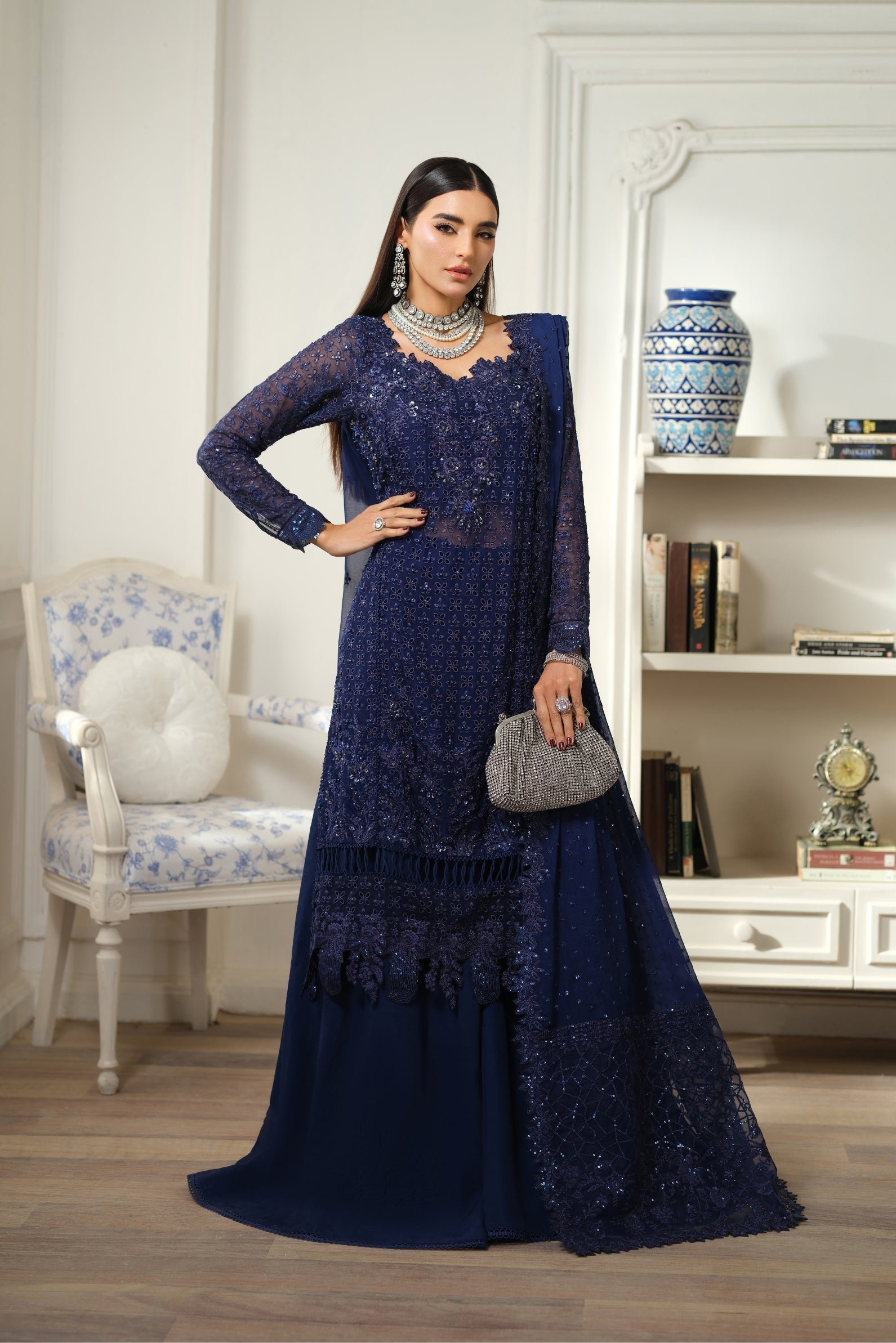 Maryam Hussain | Luxury Chiffon Unstitched 26 Wedding Dress "Blue" D02 | 3Pcs.