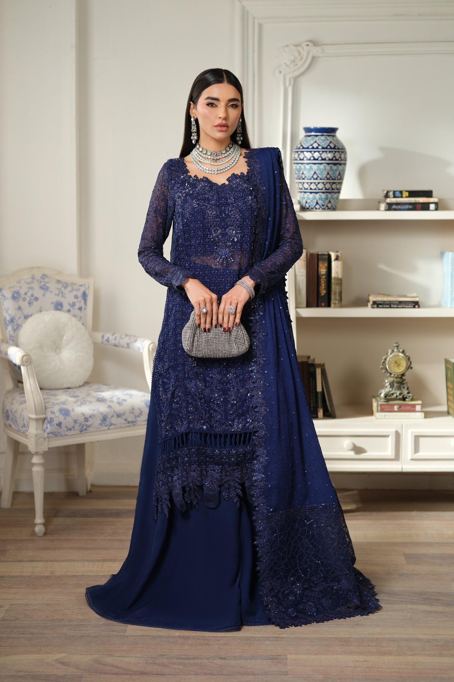 Maryam Hussain | Luxury Chiffon Unstitched 26 Wedding Dress "Blue" D02 | 3Pcs. - Image 2