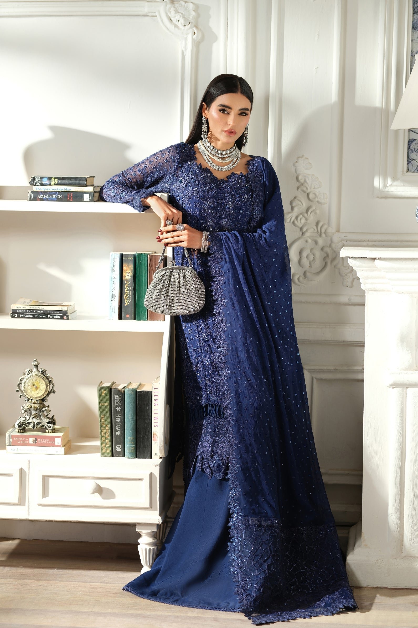 Maryam Hussain | Luxury Chiffon Unstitched 26 Wedding Dress "Blue" D02 | 3Pcs. - Image 3