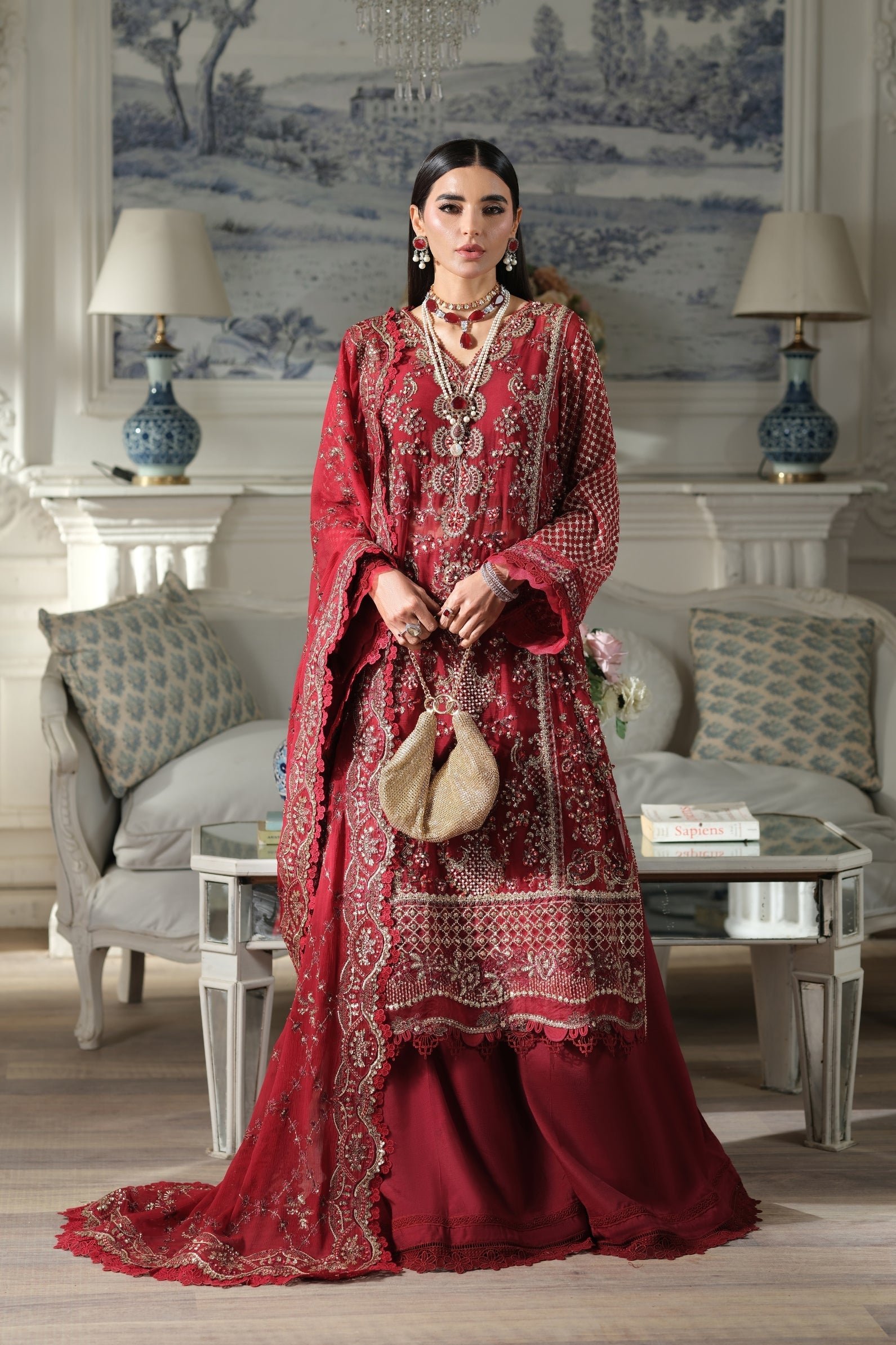 Maryam Hussain | Luxury Chiffon Unstitched 26 Wedding Dress "Red" D03 | 3Pcs.