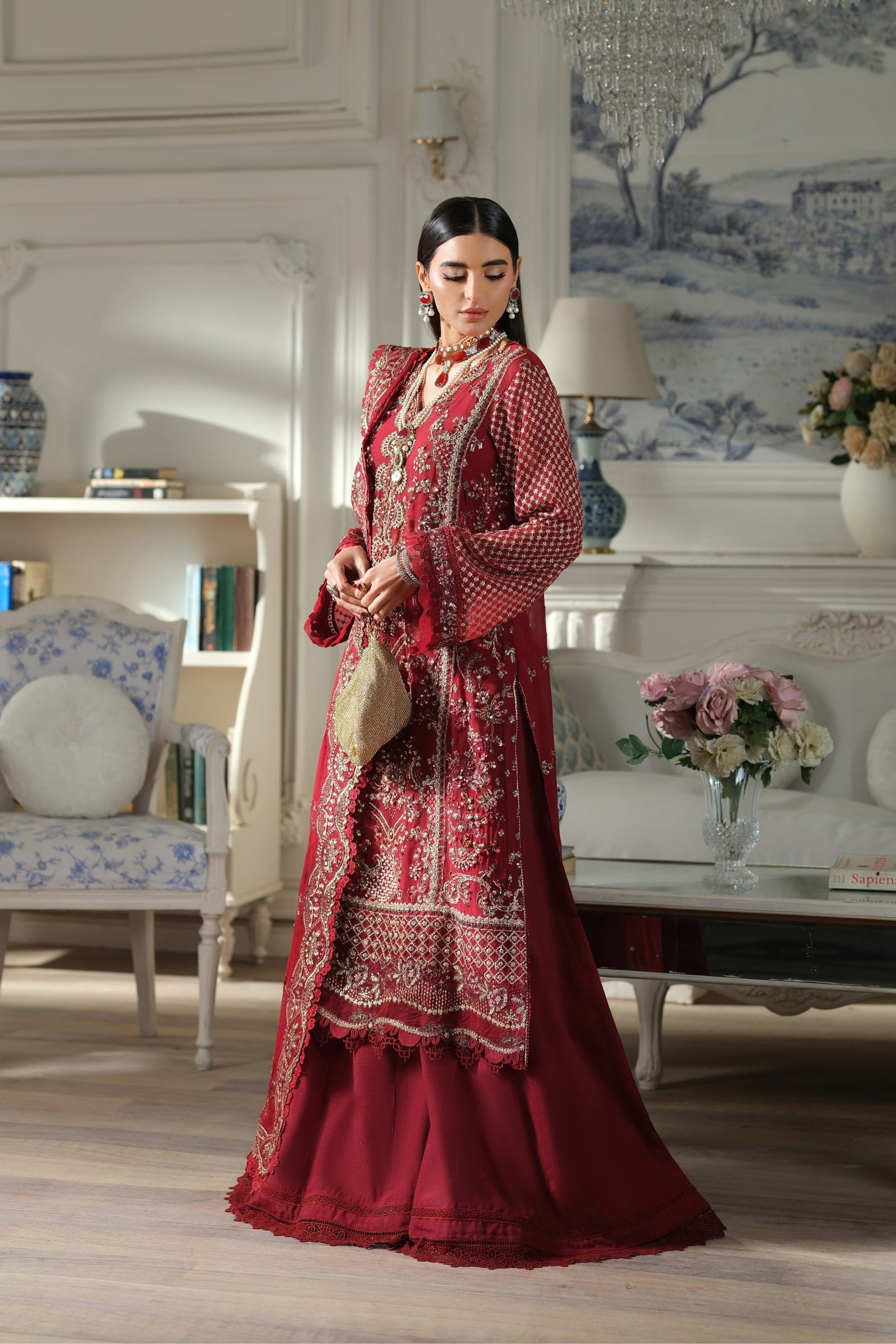 Maryam Hussain | Luxury Chiffon Unstitched 26 Wedding Dress "Red" D03 | 3Pcs. - Image 2