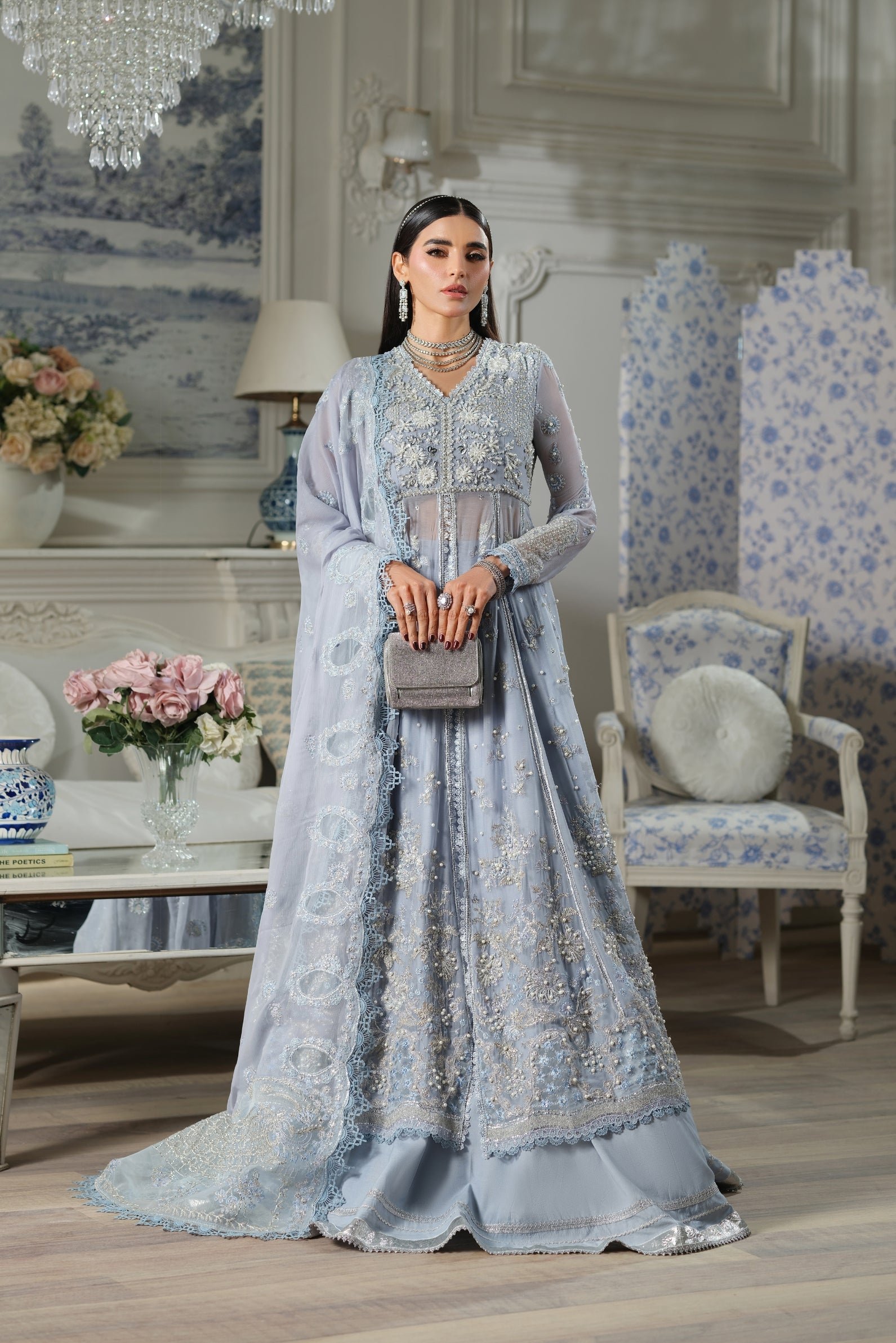 Maryam Hussain | Luxury Chiffon Unstitched 26 Wedding Dress "Blue" D04 | 3Pcs.