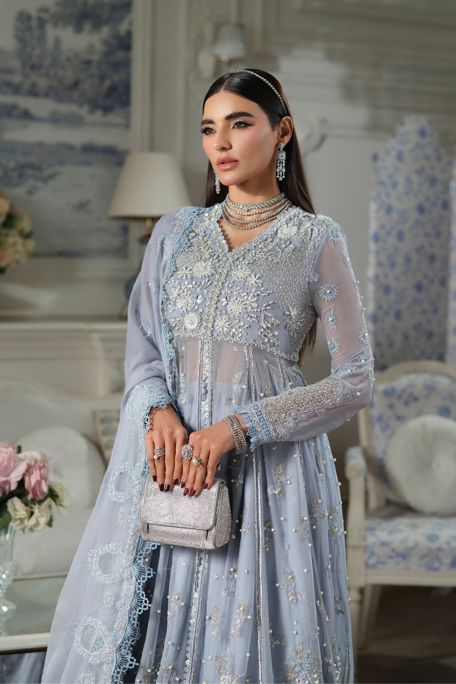 Maryam Hussain | Luxury Chiffon Unstitched 26 Wedding Dress "Blue" D04 | 3Pcs. - Image 2