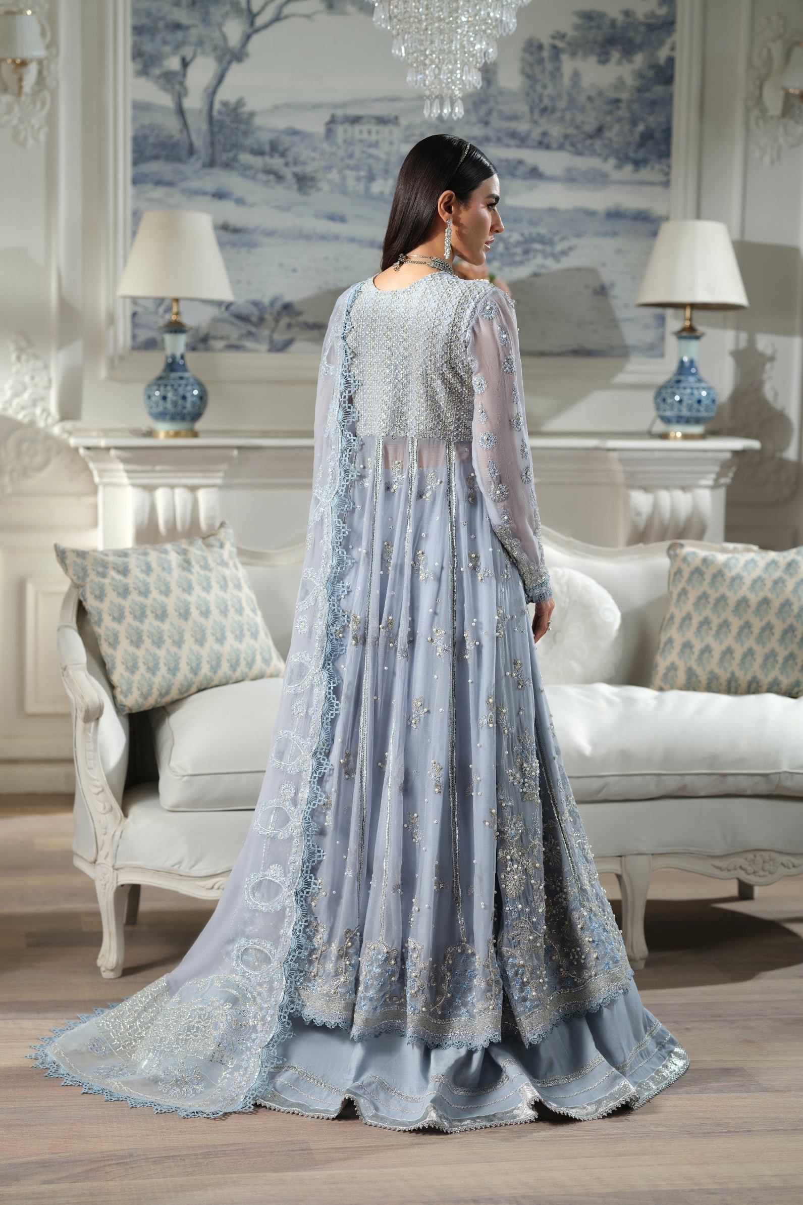 Maryam Hussain | Luxury Chiffon Unstitched 26 Wedding Dress "Blue" D04 | 3Pcs. - Image 3