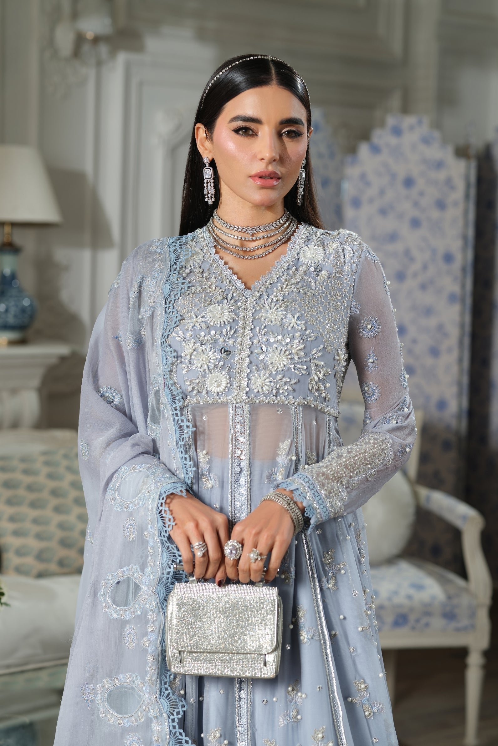 Maryam Hussain | Luxury Chiffon Unstitched 26 Wedding Dress "Blue" D04 | 3Pcs. - Image 4