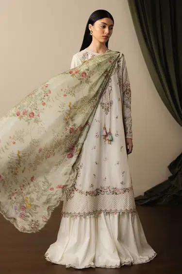 Zara Shahjahan | Stillness Luxury Lawn Unstitched 26 Formal Festive Wear "White" D5 | 3Pcs.