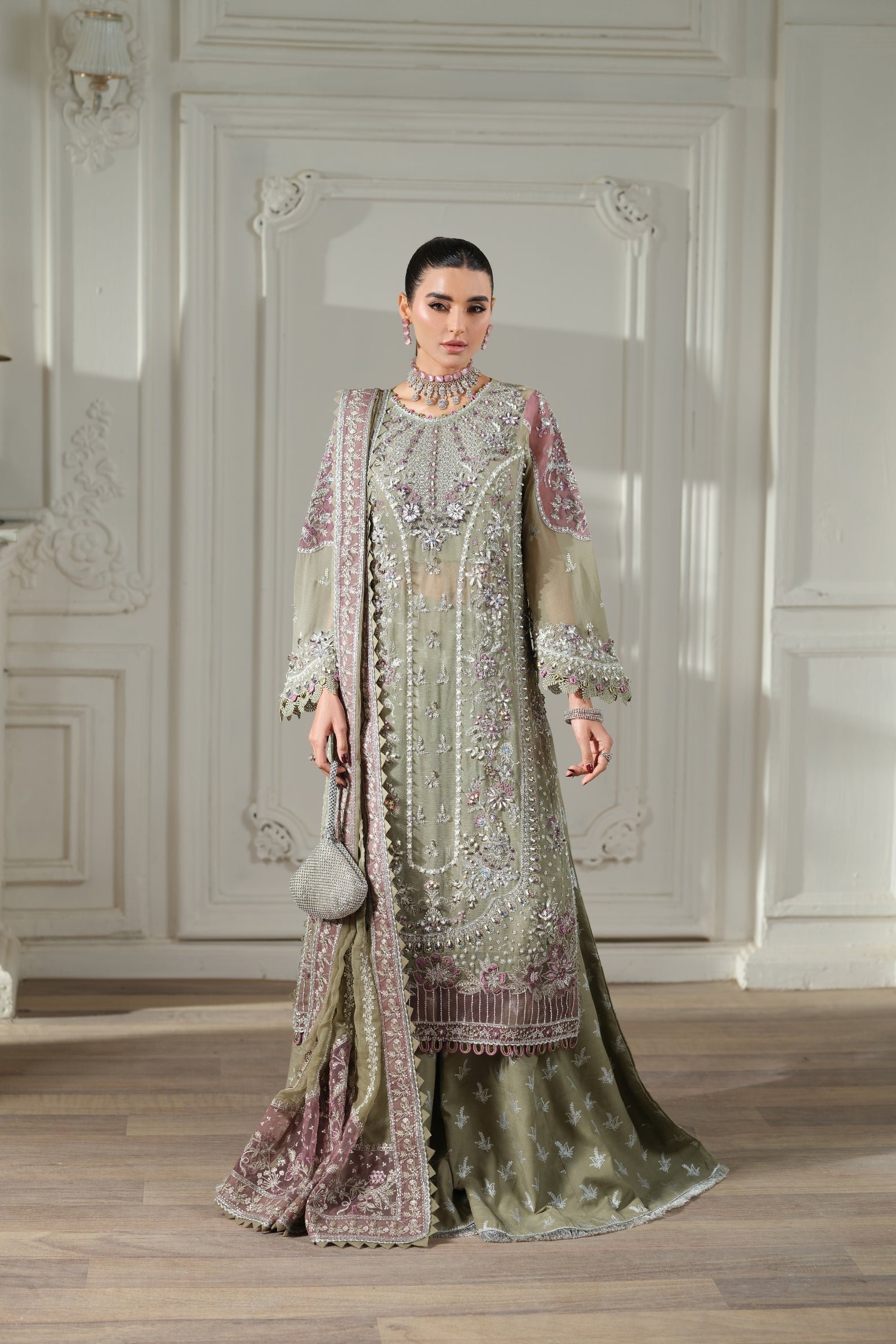 Maryam Hussain | Luxury Chiffon Unstitched 26 Wedding Dress "Green" D05 | 3Pcs.