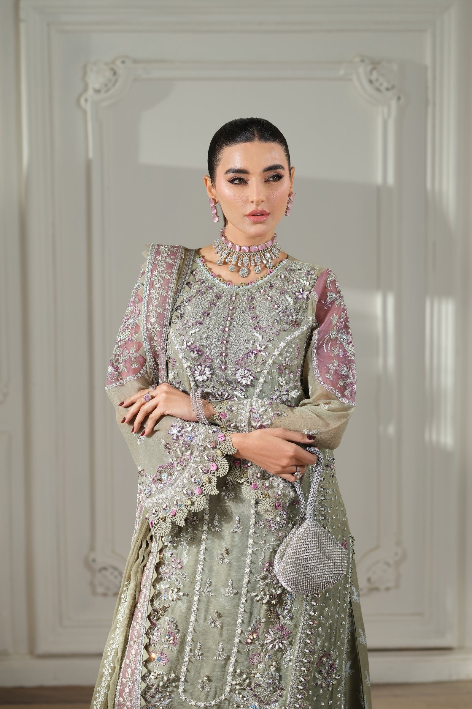 Maryam Hussain | Luxury Chiffon Unstitched 26 Wedding Dress "Green" D05 | 3Pcs. - Image 2