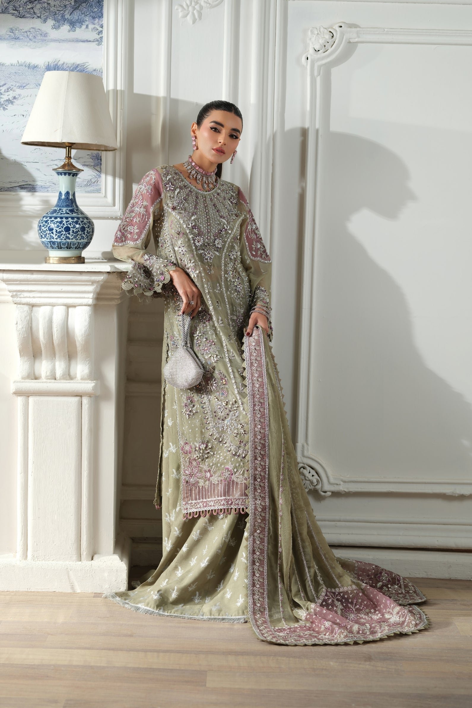 Maryam Hussain | Luxury Chiffon Unstitched 26 Wedding Dress "Green" D05 | 3Pcs. - Image 4