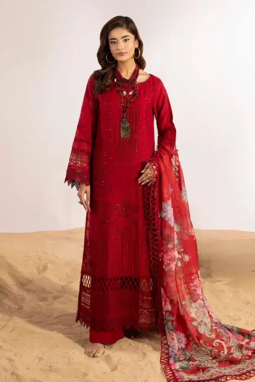 Adan's Libas | Masakali Luxury Chikankari Lawn 26' "Red" Unstitched Formal Festive Wear D06 | 3 Pcs.