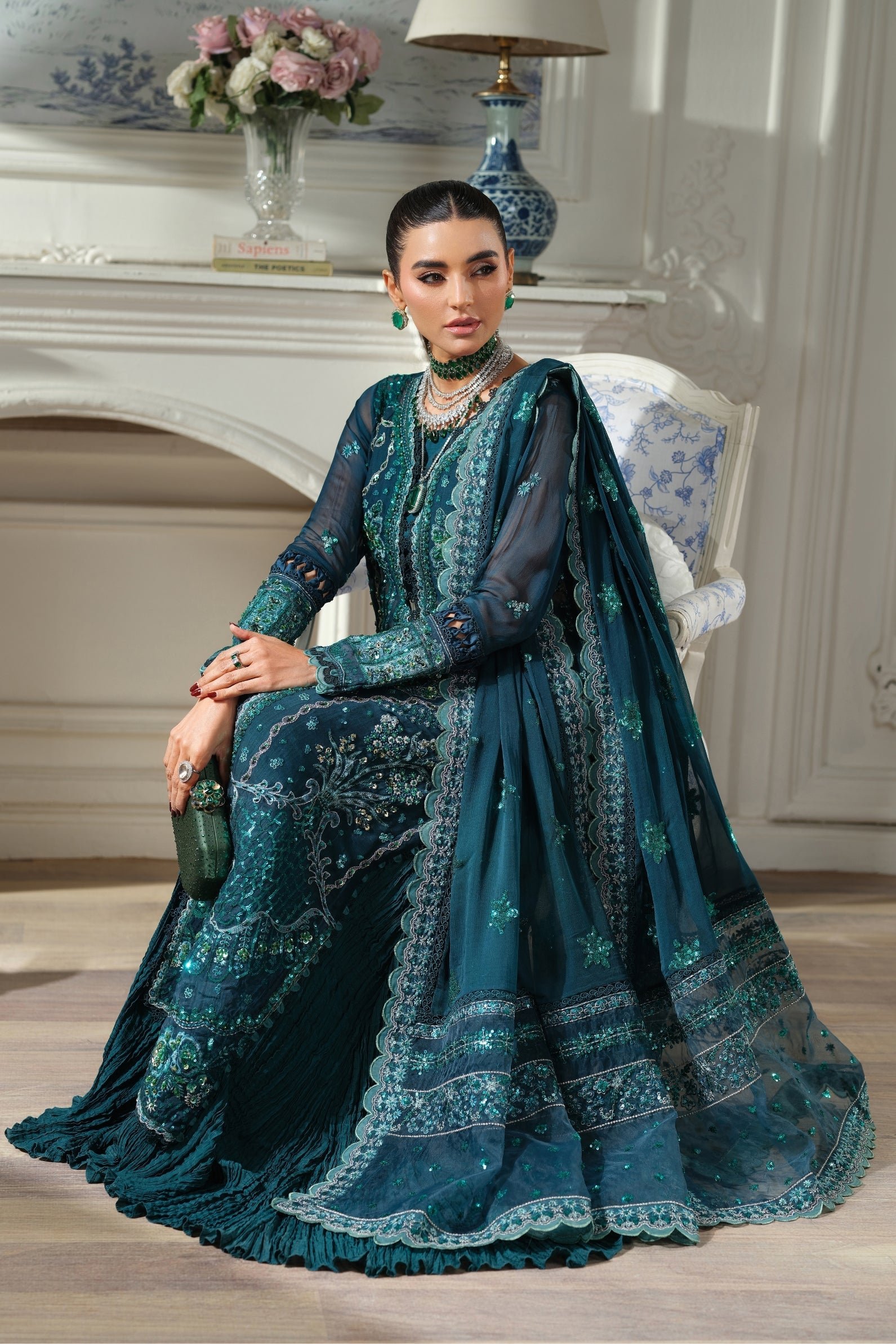 Maryam Hussain | Luxury Chiffon Unstitched 26 Wedding Dress "Green" D06 | 3Pcs. - Image 2