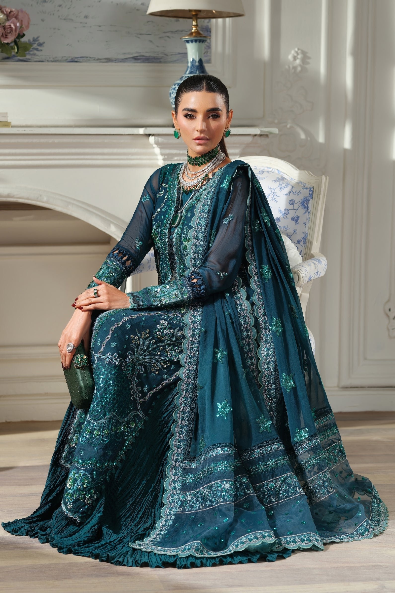 Maryam Hussain | Luxury Chiffon Unstitched 26 Wedding Dress "Green" D06 | 3Pcs. - Image 3