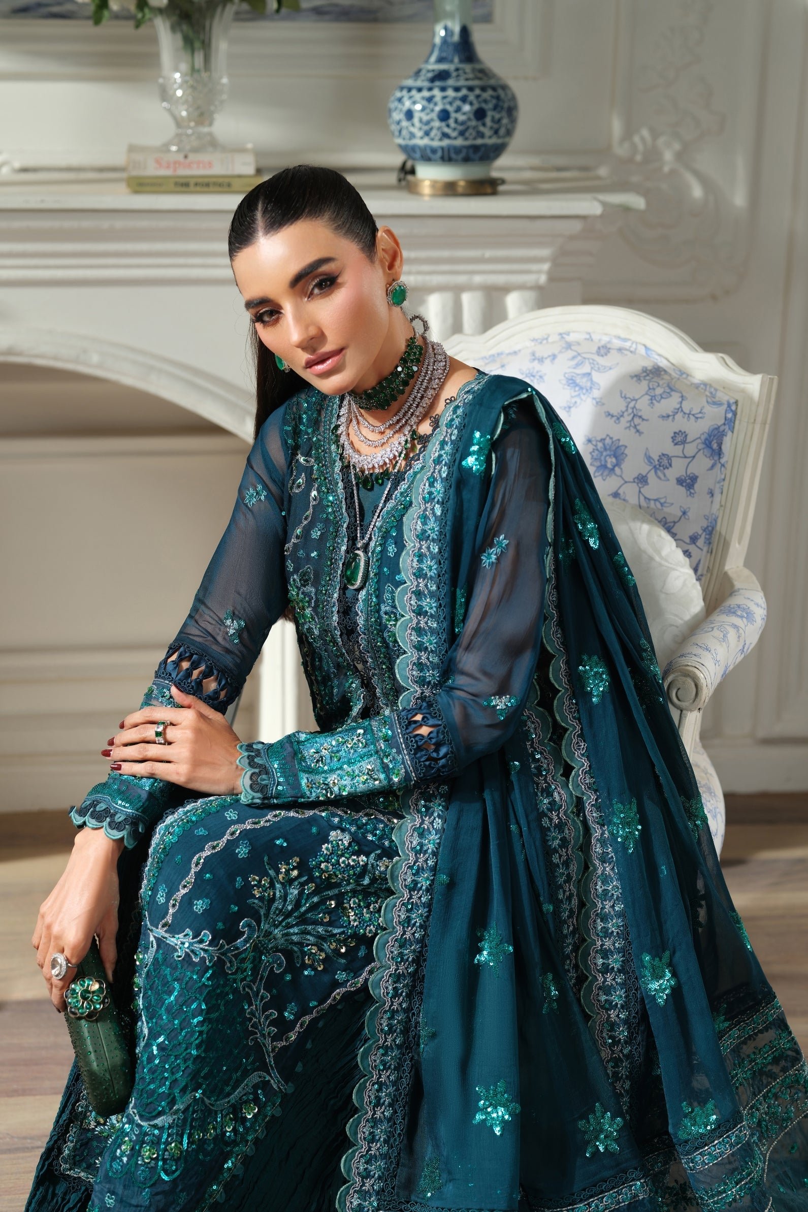 Maryam Hussain | Luxury Chiffon Unstitched 26 Wedding Dress "Green" D06 | 3Pcs. - Image 4