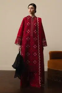 Zara Shahjahan | Stillness Luxury Lawn Unstitched 26 Formal Festive Wear "Red" D8 | 3Pcs.