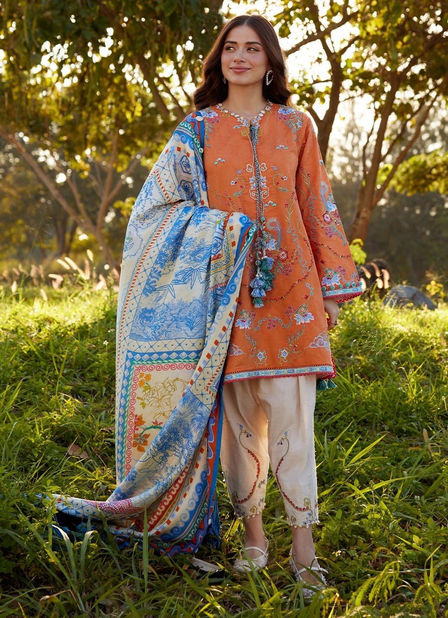 Farah Talib Aziz | Luxury Lawn Unstitched'26 "Orange" Formal Festive Wear | 04-3pc - Image 3