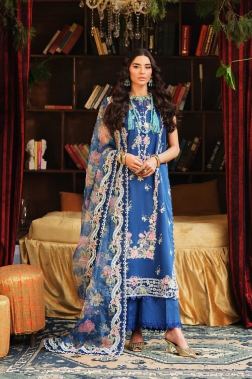 Maryam Hussain | Luxury Lawn 26 Unstitched Formal Festive Wear "Blue" | 3pcs.