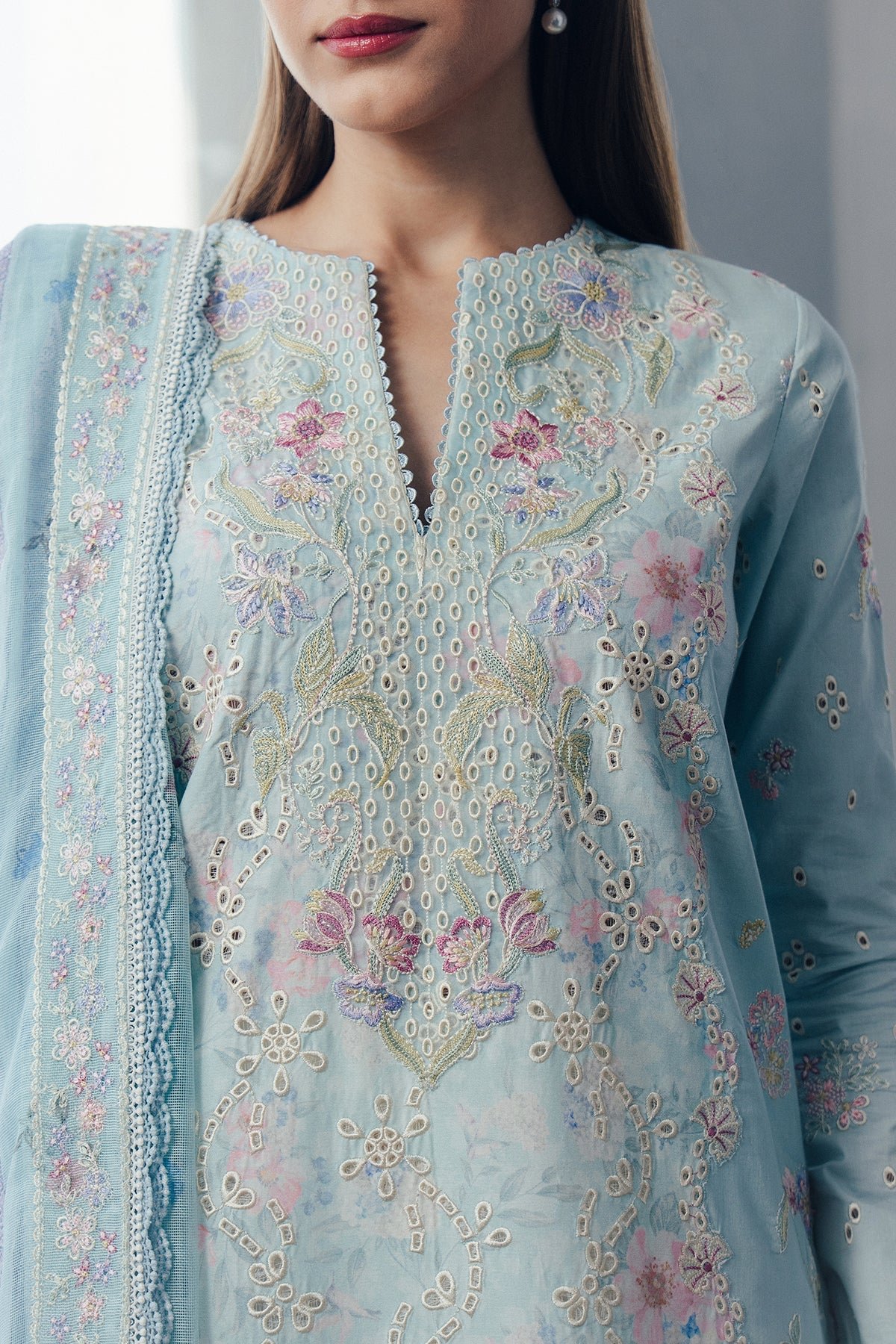 Afrozeh | Day Break Unstitched Lawn Formal Festive Wear "Blue" D03 | 3pcs. - Image 2