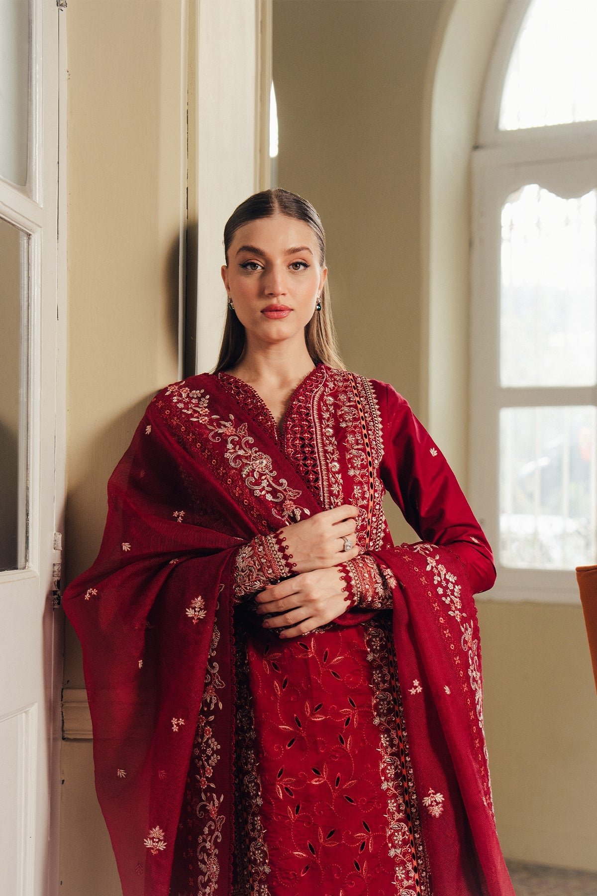 Afrozeh | Day Break Unstitched Lawn Formal Festive Wear "Red" D07 | 3pcs. - Image 3