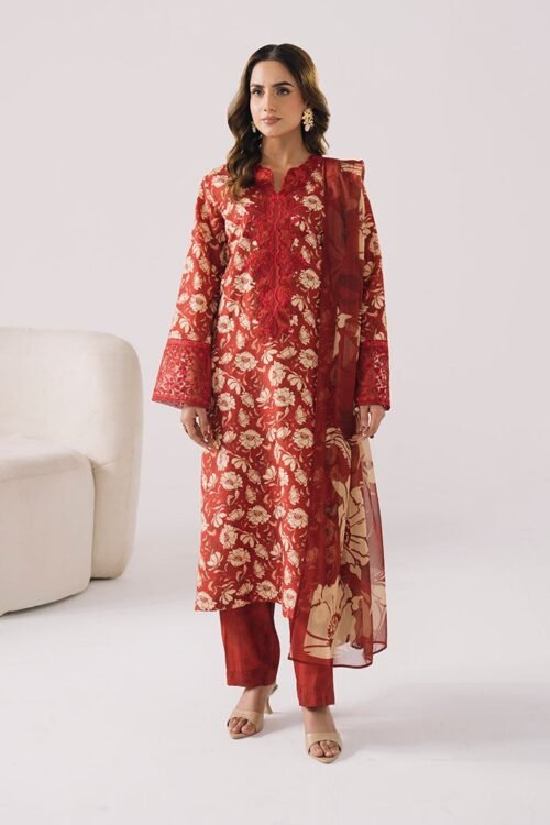 Imrozia Serene | Floral Atelier Lawn’26 V-1 Stitched "Red" Formal Festive Wear | L26-3pc