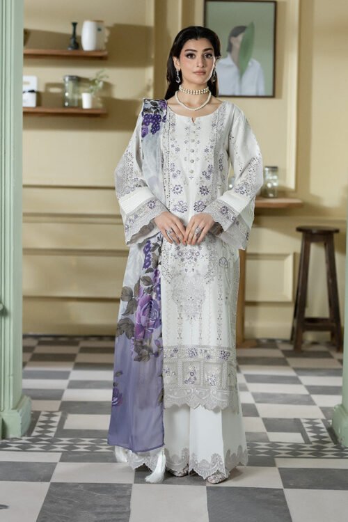 Imrozia Serene | Opaline Drape Silk'26 Moonviel Stitched "Dust White" | ip-187-3pc