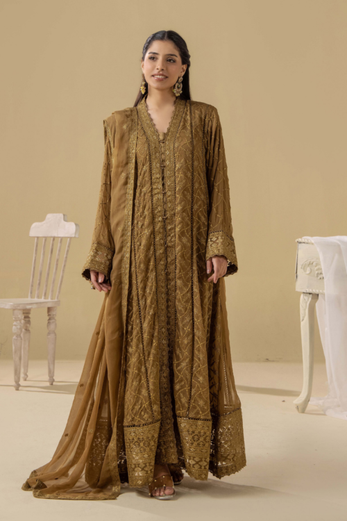 Adan's Libas | Chiffon Gown vol-5 Stitched "Brown" Formal Festive Wear | D2-3pc