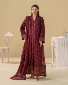 Adan's Libas | Chiffon Gown vol-5 Stitched "Maroon" Formal Festive Wear | D3-3pc